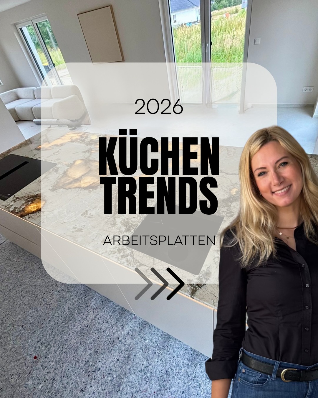 Küchentrends 2026 – Arbeitsplatten: Instagram-Titelbild mit einer Frau und einer beleuchteten Steininsel