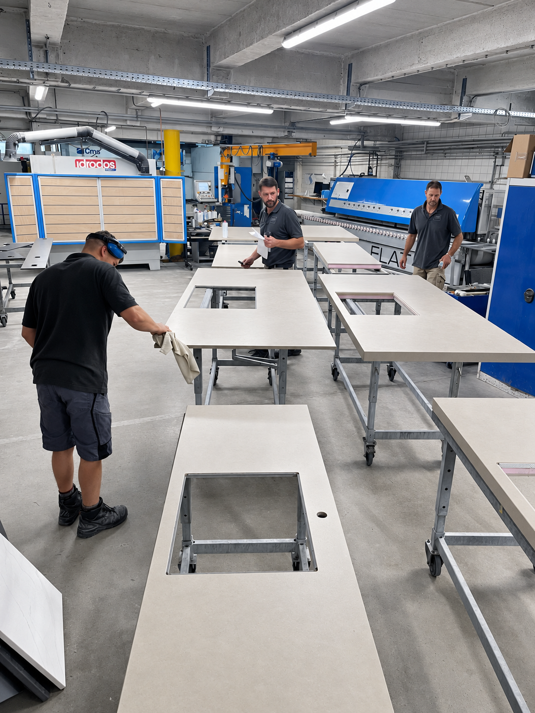 Mitarbeiter bearbeiten helle Arbeitsplatten in unserer Werkstatt