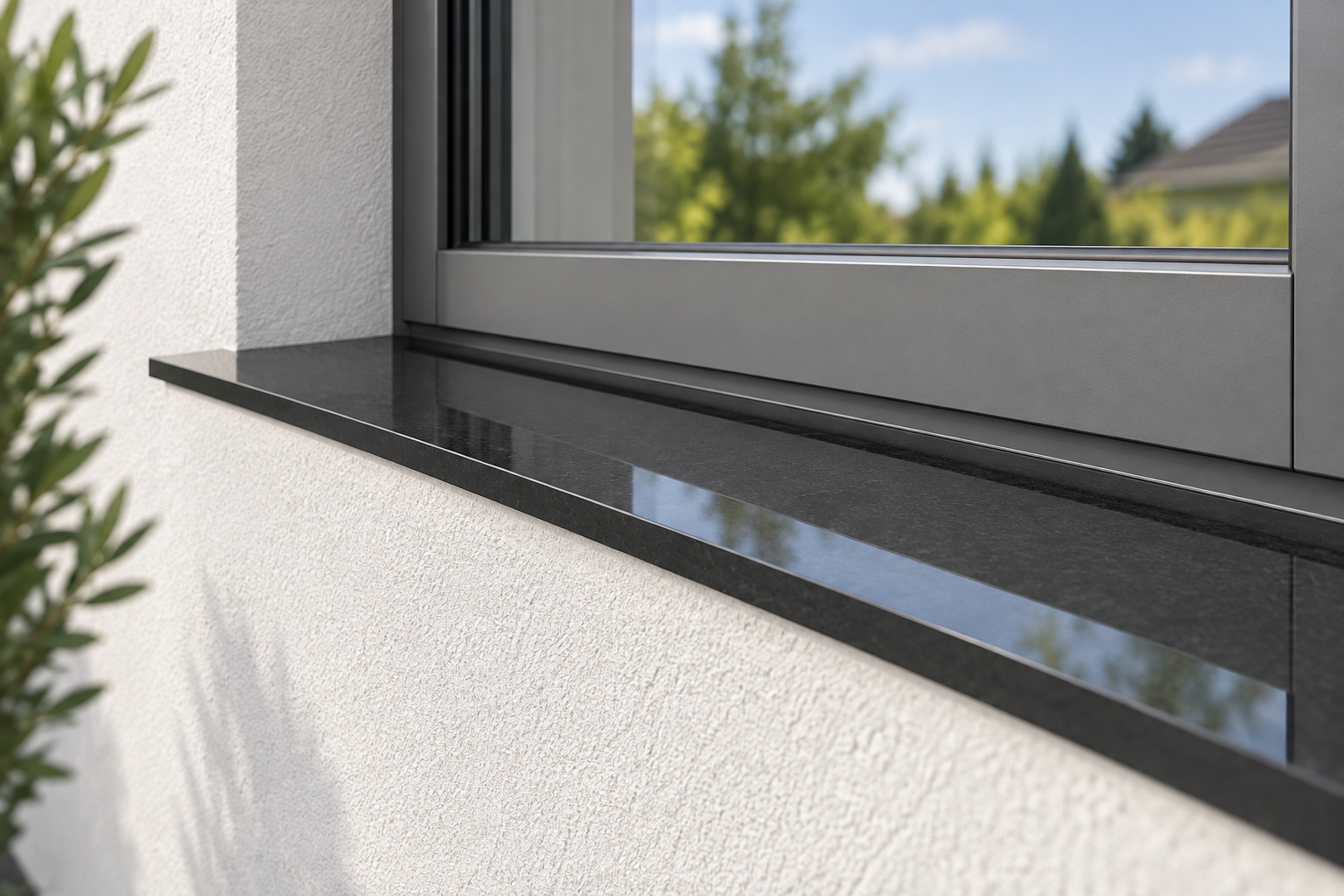 Dunkle Steinfensterbank an einem grauen Fensterrahmen